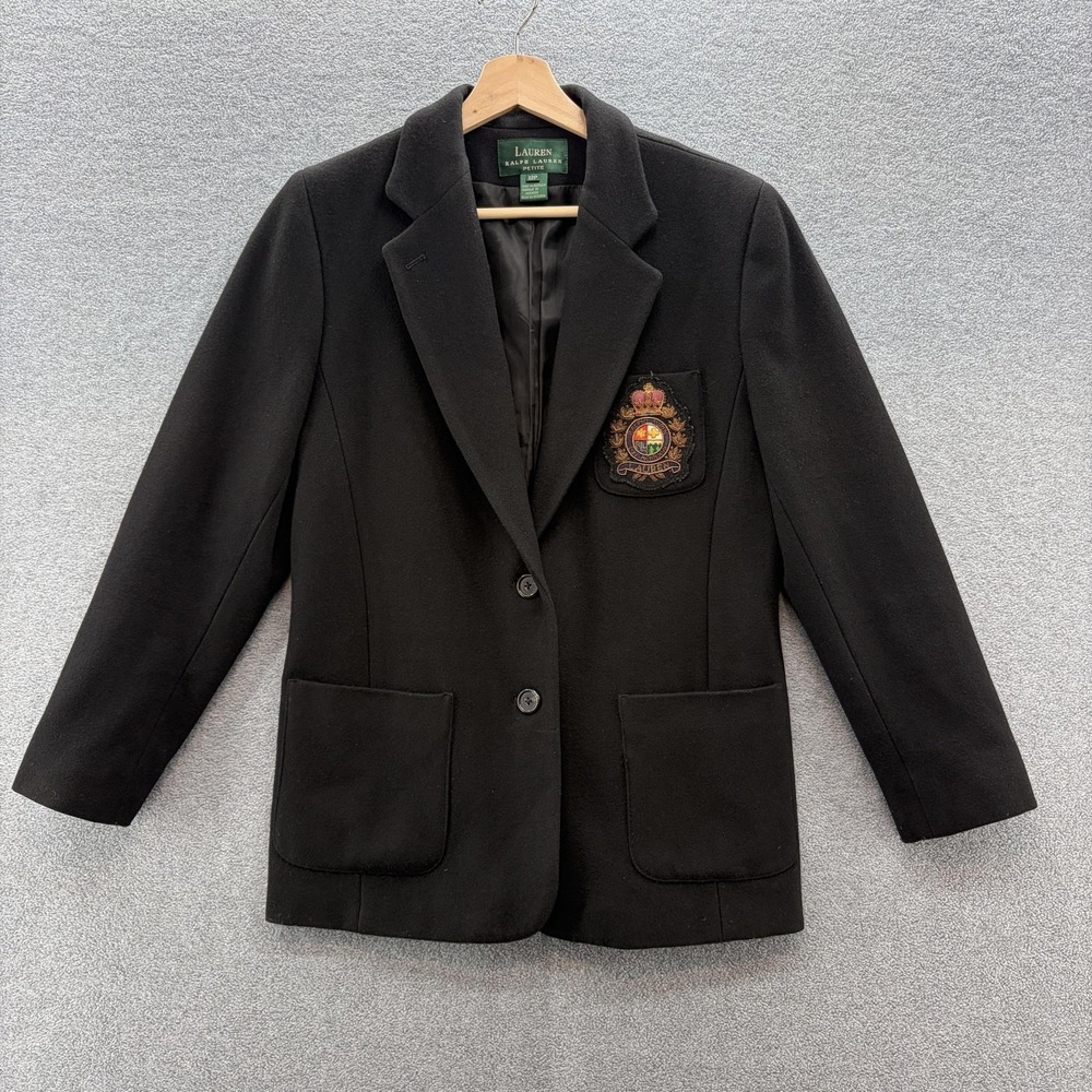 Lauren Ralph Lauren Blazer Womens 12P Black Crest Patch Wool Cashmere Academia
